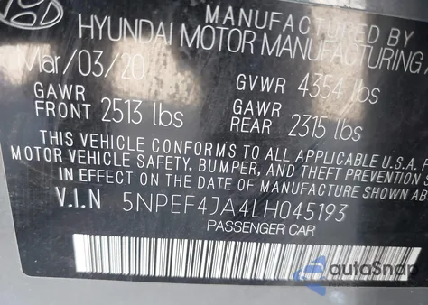 2020 Hyundai Sonata Sel из США, поврежденный, VIN 5NPEF4JA4LH045193